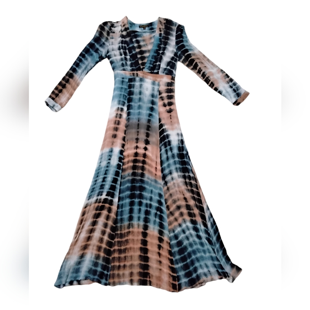 Petal Roz Tie Dye Long Sleeve Maxi Dress with Plunging Neckline Size Small